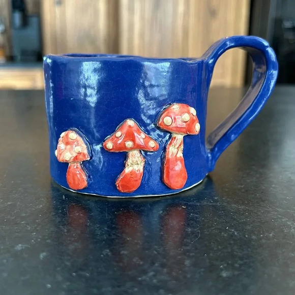 Other - Mushrooms Handmade Pottery Mug Glazed Red Blue Coffee Tea Cup